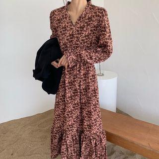 V-neck Long-sleeve Floral Print Midi Chiffon Dress Pink - One Size