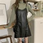 Faux Leather V-neck Suspender Skirt / High-neck Plain Long-sleeve T-shirt