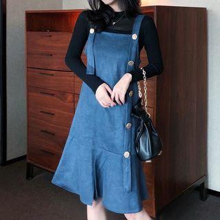 Set: Long-sleeve Knit Top + A-line Pinafore Dress