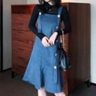 Set: Long-sleeve Knit Top + A-line Pinafore Dress