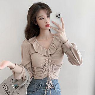 Ruffle Trim Drawstring Shirred Crop Top