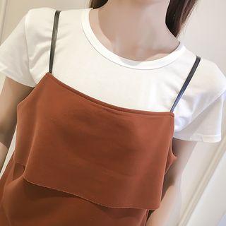 Set : Short-sleeve T-shirt + Frilled Strap Top + Pants
