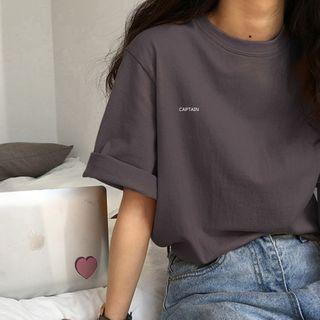 Elbow-sleeve Plain/lettering Print T-shirt