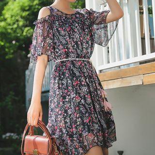 Short-sleeve Floral Mesh Cold-shoulder Mini Dress