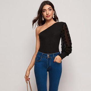 One Shoulder Mesh Sleeve Ribbed Top