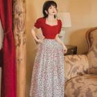 Set: Puff-sleeve Lace Trim Blouse + Cherry Print Midi A-line Skirt