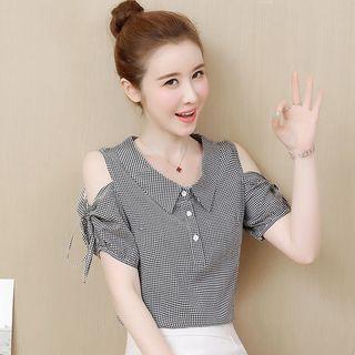 Cold Shoulder Checked Short-sleeve Blouse