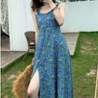 Flower Print Sleeveless Midi A-line Dress Blue - One Size