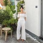 Set: Off-shoulder Peplum Top + Slit-side Culottes