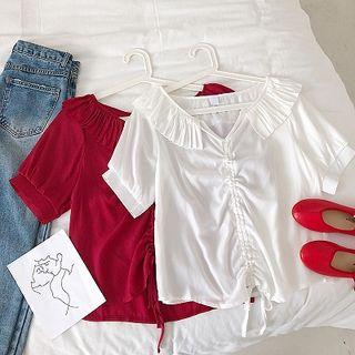 Plain V-neck Ruffled-trim Frilled Drawcord Top