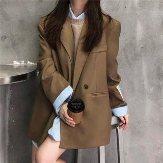 Plain Double-breasted Blazer Coffee - One Size