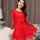 Long-sleeve Bow-accent Lace Party Dress