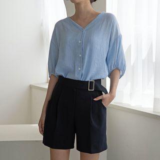 Puff-sleeve V-neck Crinkled Blouse