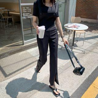Slit-hem Boot-cut Overall Pants Black - One Size