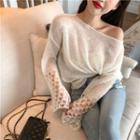 Off-shoulder Long-sleeve Knit Sweater White - One Size