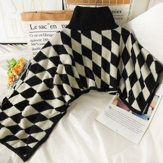 Asymmetrical Turtleneck Argyle Cape Top