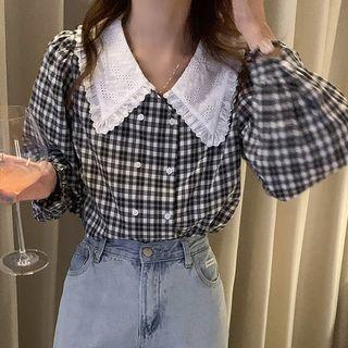 Long-sleeve Collared Plaid Shirt Black & White - One Size