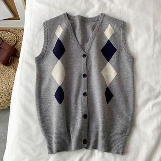 Argyle Print Button-up Knit Vest