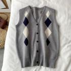 Argyle Print Button-up Knit Vest