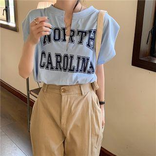 Elbow-sleeve Open-placket Lettering Print T-shirt