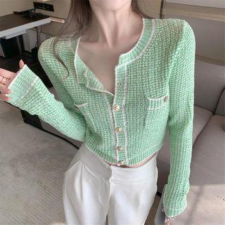 Contrast Trim Cardigan Light Green - One Size