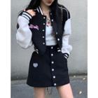 Two-tone Cropped Baseball Jacket / Mini A-line Skirt