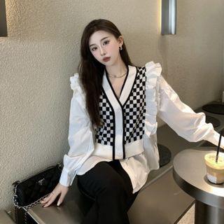Mock Two-piece Checked Top Mock Two Piece Top - One Size