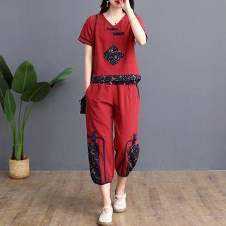 Set: Panel Short-sleeve Hanfu Blouse + Cropped Harem Pants