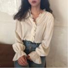 V-neck Ruffle Plain Flare Long-sleeve Top As Shown In Figure - One Size