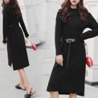 Mock Neck Tie-waist Midi Knit Dress
