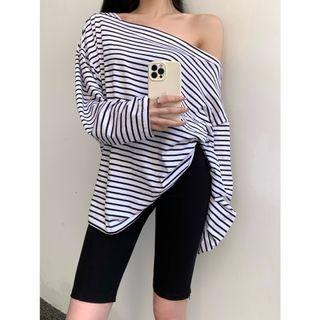 Long-sleeve Off-shoulder Striped Top / Plain Slim-fit Shorts