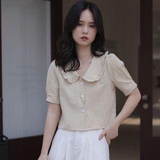 Puff-sleeve Ruffle Trim Gingham Cropped Blouse