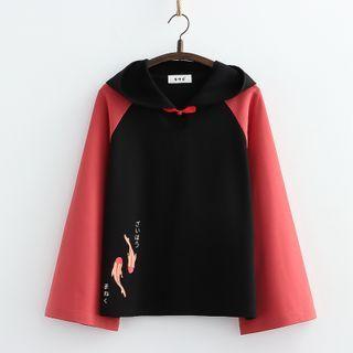 Bell-sleeve Print Hoodie Black - One Size