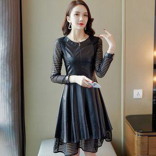 Mesh Panel Faux Leather A-line Dress