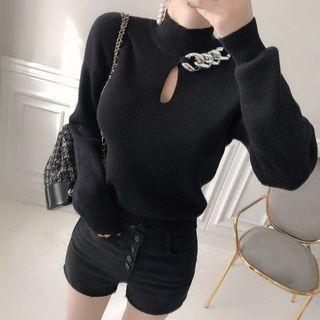 Keyhole-front Chain-trim Knit Top Black - One Size