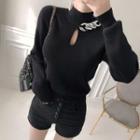 Keyhole-front Chain-trim Knit Top Black - One Size
