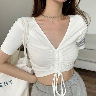 V-neck Ruched Drawstring Cropped Top