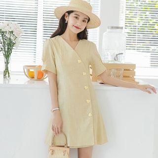 Short-sleeve Asymmetric Buttoned A-line Mini Dress