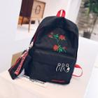 Rose Embroidered Ring Detail Canvas Backpack