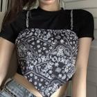 Mock Two-piece Paisley Print Panel Cropped T-shirt Black - One Size
