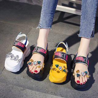 Lettering Color Rhinestone Strap Platform Sandals