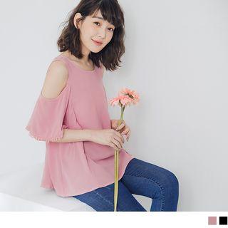 Cross-back Cold Shoulder Lace Trim Short Sleeve Top