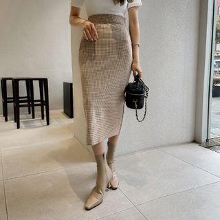 Slit-back Checked Long Pencil Skirt
