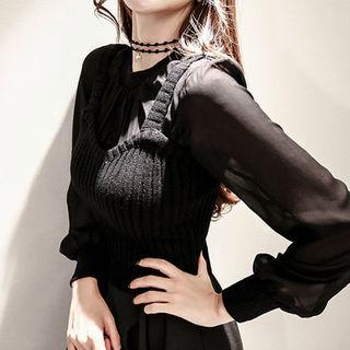 Set: Sleeveless Knit Top + Sheer Top A-line Dress