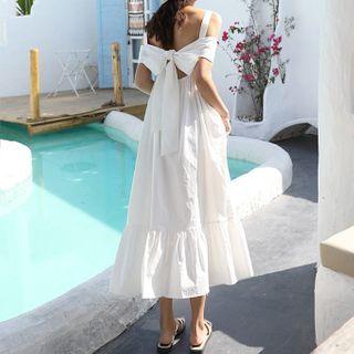 Cold-shoulder Bow Back Midi Shift Dress