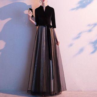 3/4-sleeve Mesh-panel Evening Gown