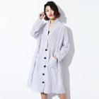 Long Sleeve Buttoned Midi Pinstriped Dress