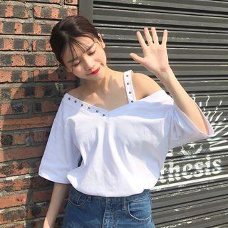 Loose-fit Plain Studded Short-sleeve T-shirt