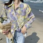 Long-sleeve Floral Shirt Purple & Yellow - One Size