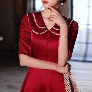 Short-sleeve Collar Faux Pearl A-line Dress